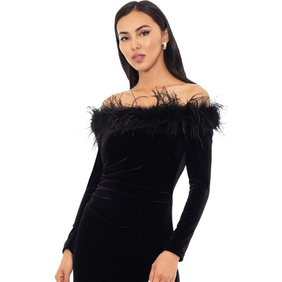Xscape Feather Trim Off the Shoulder Long Sleeve Scuba Velvet Gown Size 12 NWT - Picture 5 of 12
